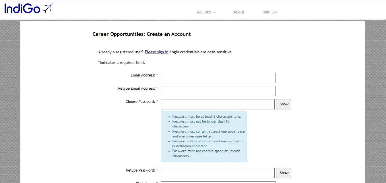 Indigo Airlines Sign Up snap shot