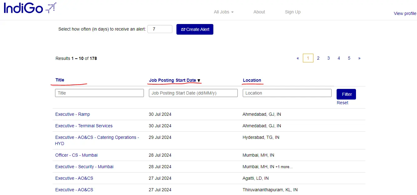 Indigo Airlines Recruitment post links withh location 