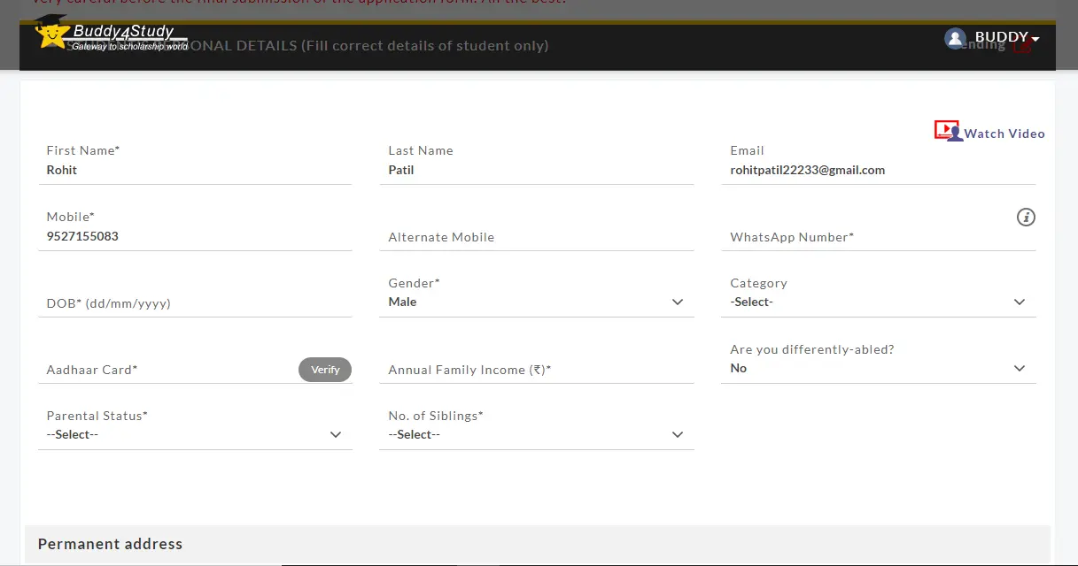 Tata Capital Pankh Scholarship form look